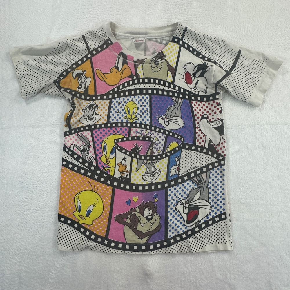 Vintage 90s Looney Tunes All Over Print T‎ Shirt Youth Single Stitch Anvil